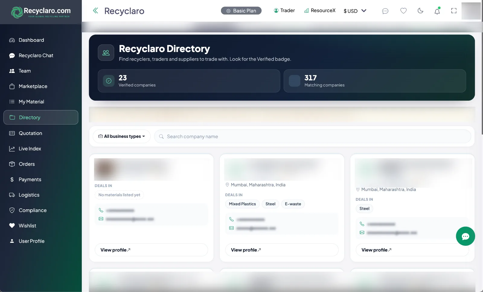 Recyclaro Directory of recyclers, traders and suppliers, contact details hidden