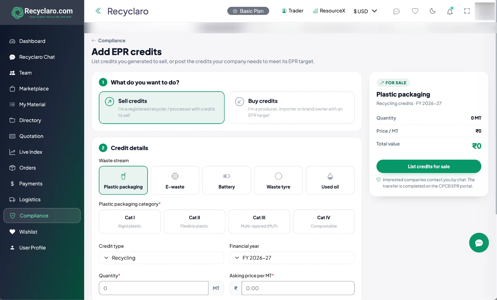 Recyclaro Add EPR credits form for selling or buying credits
