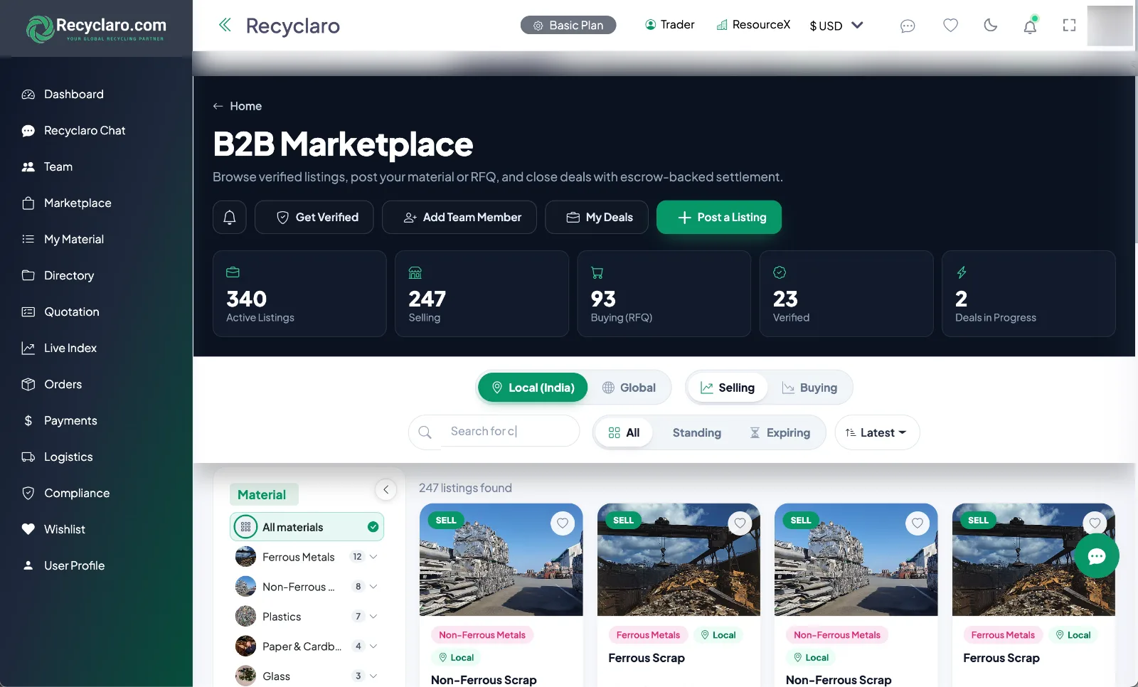 Recyclaro B2B Marketplace with active listings, selling and buying RFQs